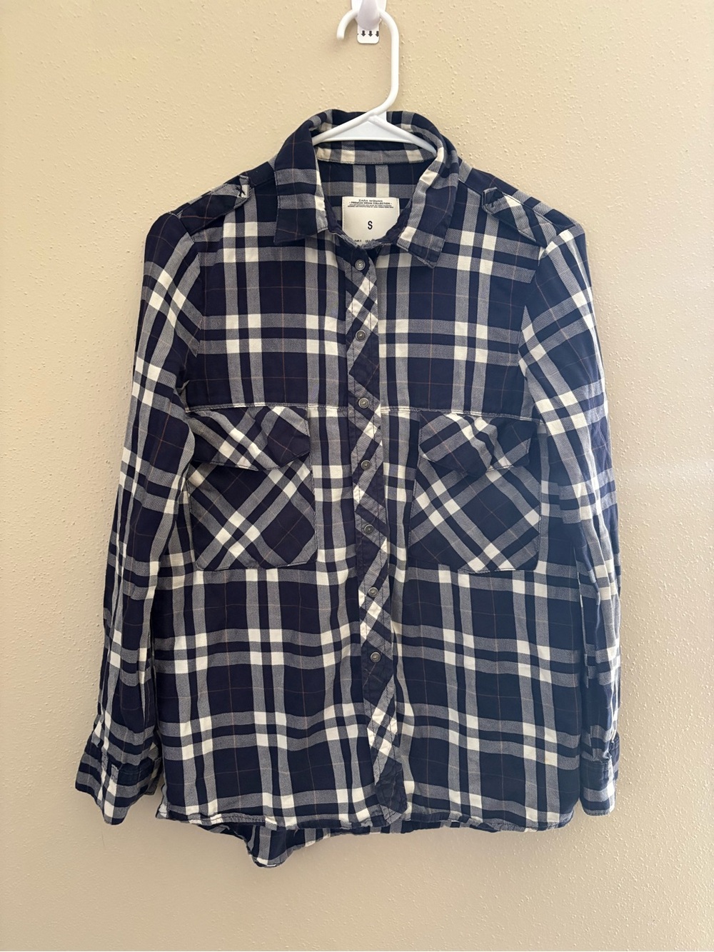 Zara Woman’s Premium Denim Collection Navy Blue & White Plaid Button Up